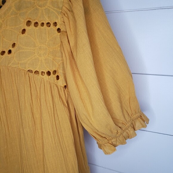 Umgee New Mustard Eyelet Floral Embroidered Boho Short Sleeve Top M - Picture 8 of 10